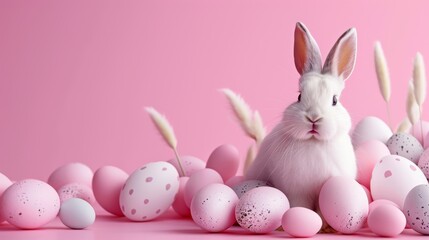A white rabbit with soft fur sits among pastel pink Easter eggs against a complementary pink background, evoking a festive mood. - obrazy, fototapety, plakaty