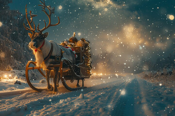 A reindeer with a red nose and a bell collar pulling a sleigh with a sack of presents and a Santa Claus figure on a starry night sky - obrazy, fototapety, plakaty