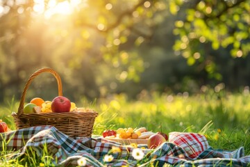 Sunny picnic with fruit basket in a serene park