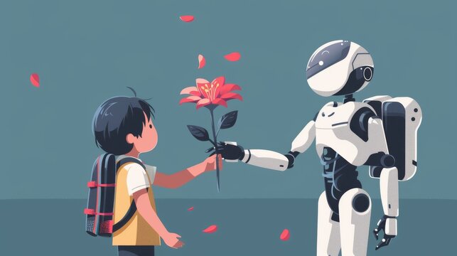 Illustration young boy with a backpack handing a large red flower to a humanoid robot against a teal background with falling red petals.