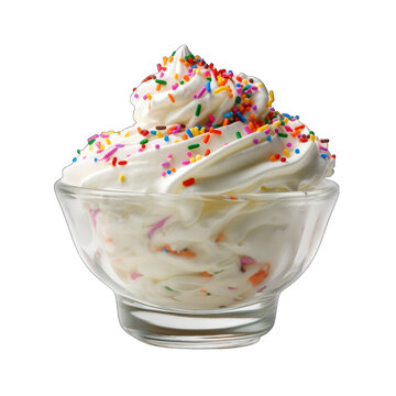a glass bowl of whipped cream with sprinkles png