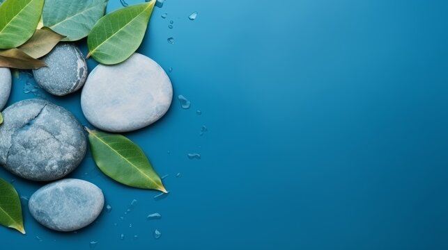 Ntural stone podium and leaves in water on blue background 