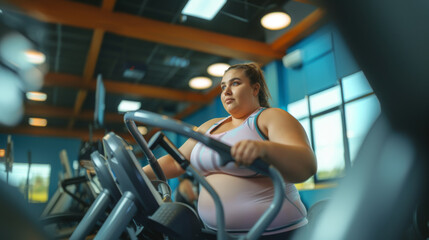 Focused fat Woman Exercising on Elliptical Trainer, A determined woman using an elliptical trainer in a gym, concentrating on her fitness goals. - obrazy, fototapety, plakaty