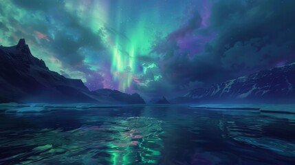 Stunning Sky With Green and Purple Lights - obrazy, fototapety, plakaty