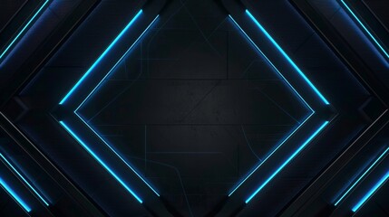 An abstract design featuring dark angular shapes with vivid blue neon accents creating a futuristic atmosphere.