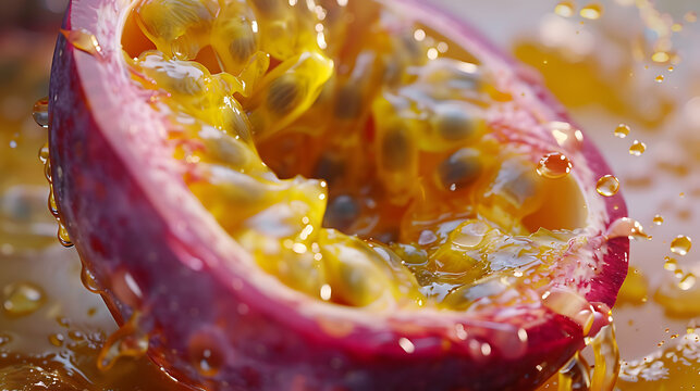 A close-up of a single, ripe passionfruit split open