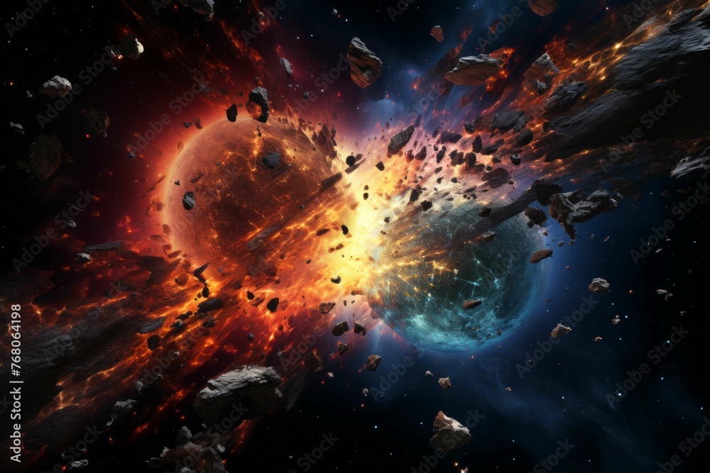 Wall mural cosmic collision between two planets with fiery debris and a distorted starry background.
