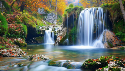 incredibly beautiful autumn waterfall in long exposure