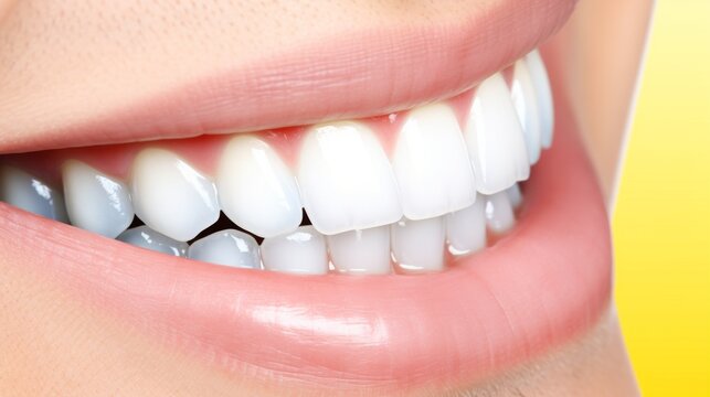 Bright smile close-up with natural teeth. Dental beauty and oral care depiction. Close-up of genuine smile for healthcare visuals.