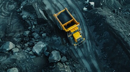 Open pit mine industry, big yellow mining truck for coal anthracite  - obrazy, fototapety, plakaty