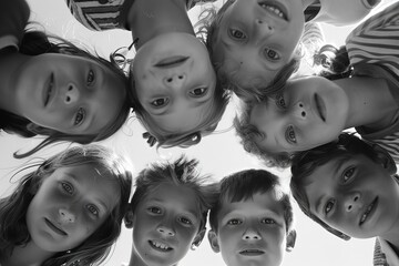 Group of children looking down into camera, Generative AI