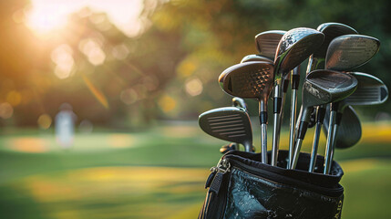 Photo of golf clubs in bag against sunset background. Relaxed summer holiday concept - obrazy, fototapety, plakaty