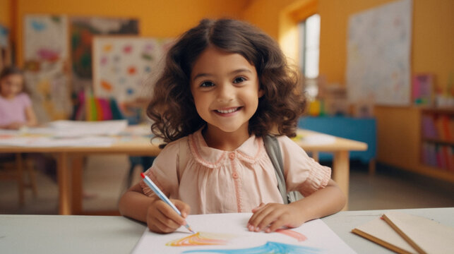 Portrait of smiling little girl drawing with pencils in classroom at school