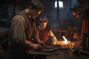 Medieval village blacksmith's apprentice learning the craft - obrazy, fototapety, plakaty