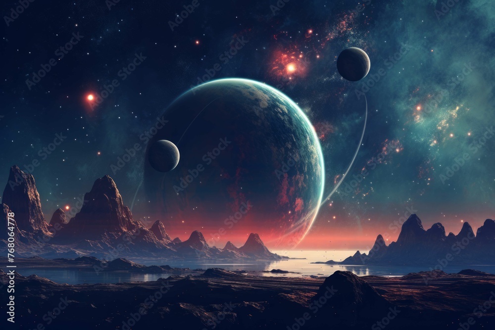 Canvas Prints retro-style planetary system with colorful ringed planets and rocket ships.