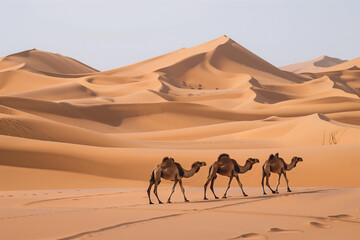 camels walk along the desert dunes - obrazy, fototapety, plakaty