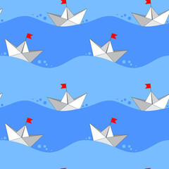 A paper boat with a red flag against the background of the blue sea. Marine seamless pattern, print, vector illustration