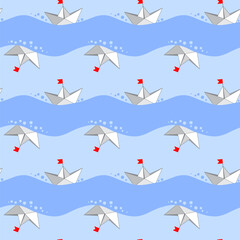 A paper boat with a red flag against a background of a blue sea with waves. Marine seamless pattern, print, vector illustration