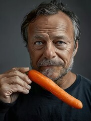 Mature Man with a Carrot - Casual Healthy Eating Concept on Grey Backdrop