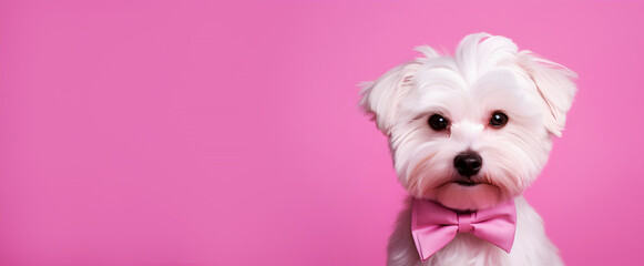West Highland White Terrier wearing pink bow on vibrant background, advertisement template with full of copy space for displaying text