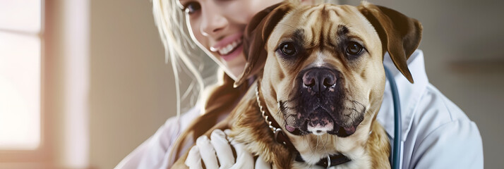 Confident female veterinarian with dog - obrazy, fototapety, plakaty