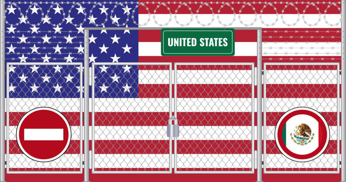 Vector illustration of USA flag under lattice. Concept of isolationism.

