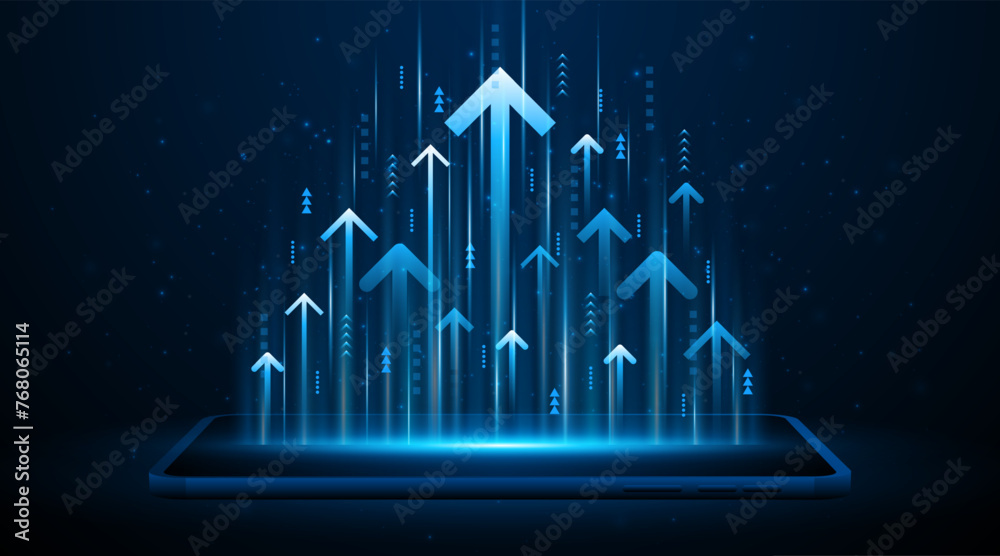 Poster arrow pointing upwards for future company growth set on tablet or smartphone. stock market graph wit