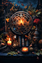 Wiccan symbols and tools on the table indoor.