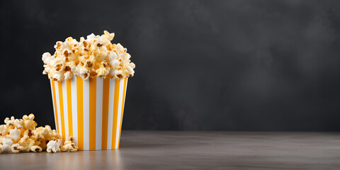 Heap of popcorn spilled from striped bucket - obrazy, fototapety, plakaty