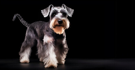 Miniature Schnauzer walking on black studio background, copy blank space for text, header or banner format