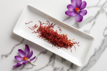 Red stigma saffron spice  in white plate, next to purple colored crocus flower | food coloring, and...