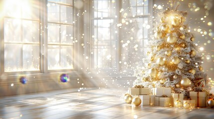 Elegant white christmas decor with golden baubles and gifts   festive holiday background