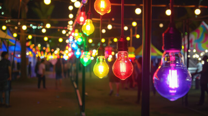 Rainbow light bulb garland at festival