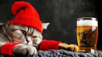 cat wearing red hat and scarf laying next to glass of beer, black background