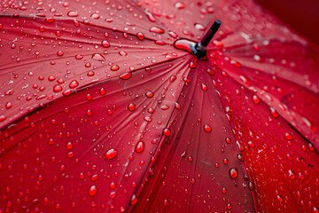Close-up photo of red umbrella showing a large number of raindrops. Umbrella helps you shelter from bad weather and stand out stylishly in such weather.