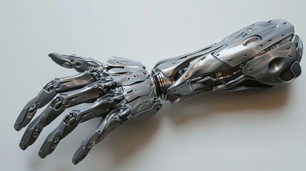 An intricately designed robotic hand prosthesis with articulated fingers and metallic finish on a neutral background.