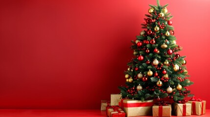 Festive christmas tree with gold ornaments and gifts on red background   merry holiday decor