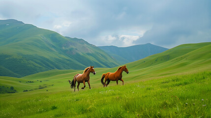 Fototapeta na wymiar two graceful horses galloping through a green meadow in the mountains