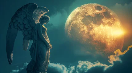 Foto op Plexiglas A serene angel statue stands in contemplation, gazing towards a luminous full moon in a dramatic night sky, creating a scene of tranquility and mystique. © Rattanathip