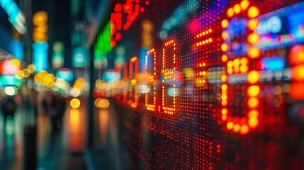 The vibrant blur of a stock market ticker display, with lights reflecting the dynamic nature of financial markets in a bustling urban environment.