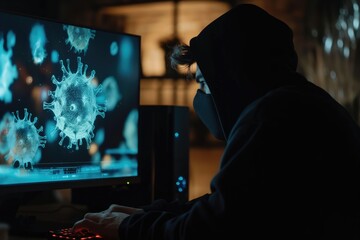 Hacker in a hoodie and facemask facing computer, typing program code | cybersecurity concerns and unethical data breach - obrazy, fototapety, plakaty