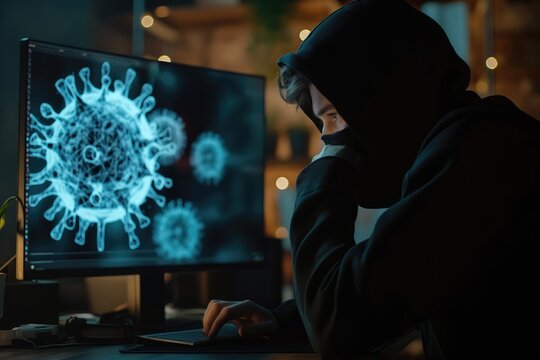 Hacker in a hoodie and facemask facing computer, typing program code | cybersecurity concerns and unethical data breach