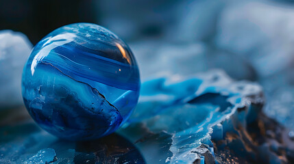 Close-up image of a piece of a blue marble ball