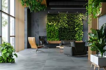 Modern ecofriendly office space with greenery promoting employee wellness and sustainability in a startup business setting. Concept Ecofriendly Workspace, Indoor Greenery, Employee Wellness