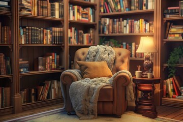 Cozy reading are with book shelves background