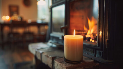 Scented candle on a fireplace in a cottage - obrazy, fototapety, plakaty