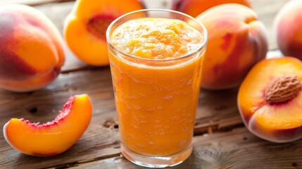 Peach colored smoothie in a glass surrounded by peach slices