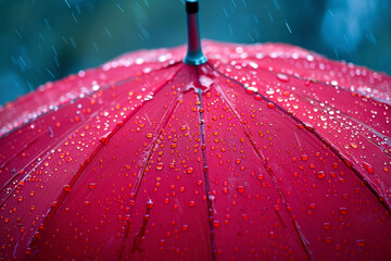 Close-up photo of red umbrella showing a large number of raindrops. Umbrella helps you shelter from bad weather and stand out stylishly in such weather. - obrazy, fototapety, plakaty