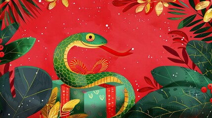 A vibrant illustration of a green snake surrounded by tropical foliage on a red background