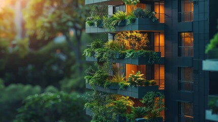 A modern urban building is adorned with lush green balcony gardens, creating an eco-friendly living space within the cityscape at twilight. - obrazy, fototapety, plakaty